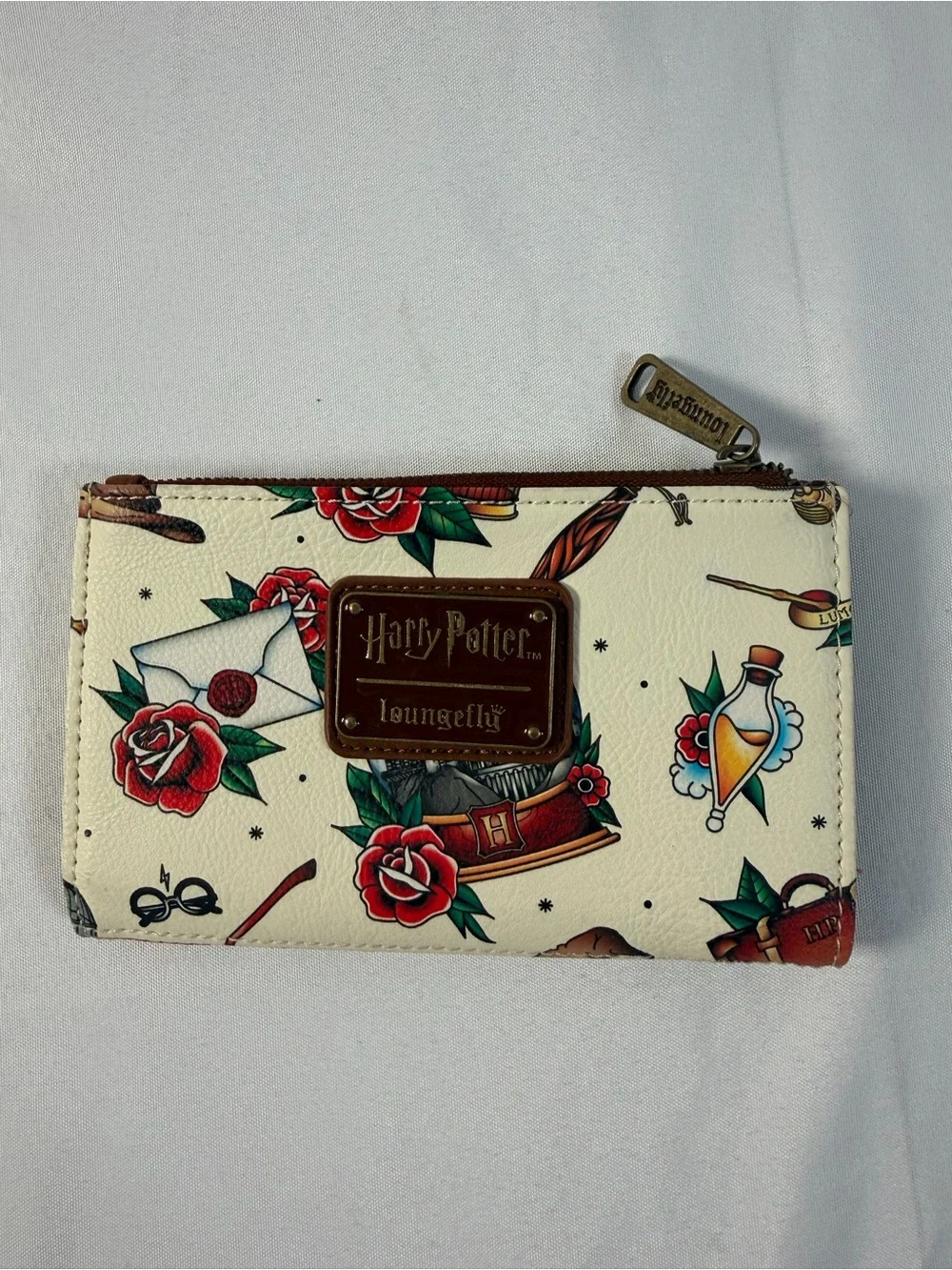 Loungefly Harry Potter Tattoo Print Faux Leather Bi-fold Wallet Cream White
